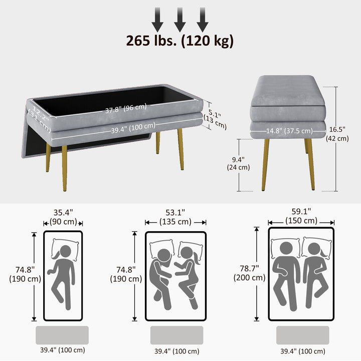 HOMCOM 39" Storage Ottoman, Velvet End of Bed Bench with Steel Legs, Foot Stool with Storage for Bedroom, Living Room