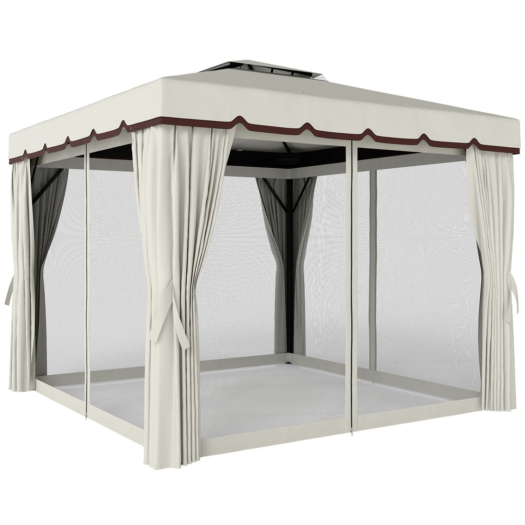 Outsunny 10' x 10' Outdoor Patio Gazebo Double Soft-top Garden Shelter Tent with Curtains, & Mesh Screen Drapes, Brown