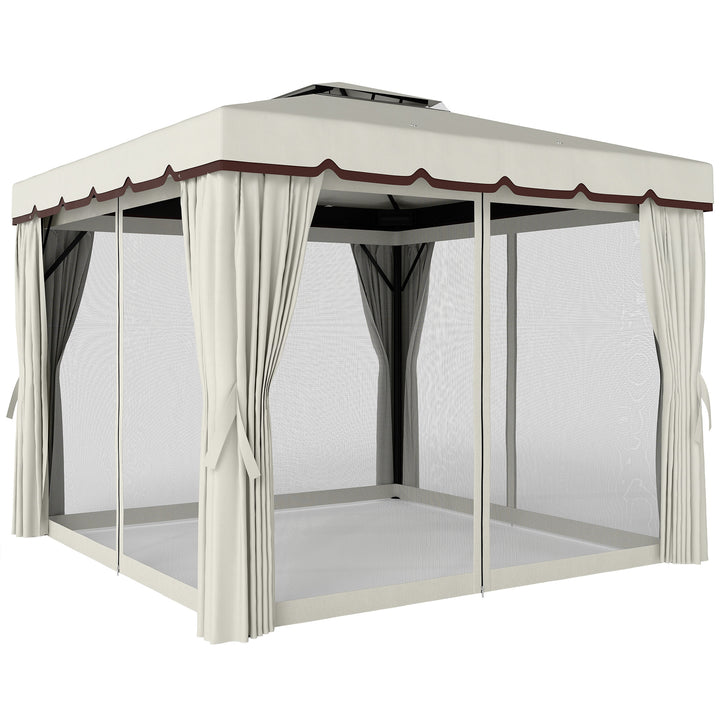 Outsunny 10' x 10' Outdoor Patio Gazebo Double Soft-top Garden Shelter Tent with Curtains, & Mesh Screen Drapes, Brown
