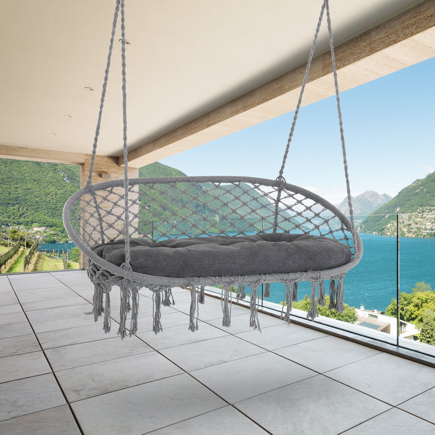 Outsunny Patio Hammock Chair 2 Seat, Hanging Rope Hammock Swing Chair with Metal Frame and Cushion, Large Macrame Seat for Indoor and Outdoor 396 lbs Capacity, Dark Grey