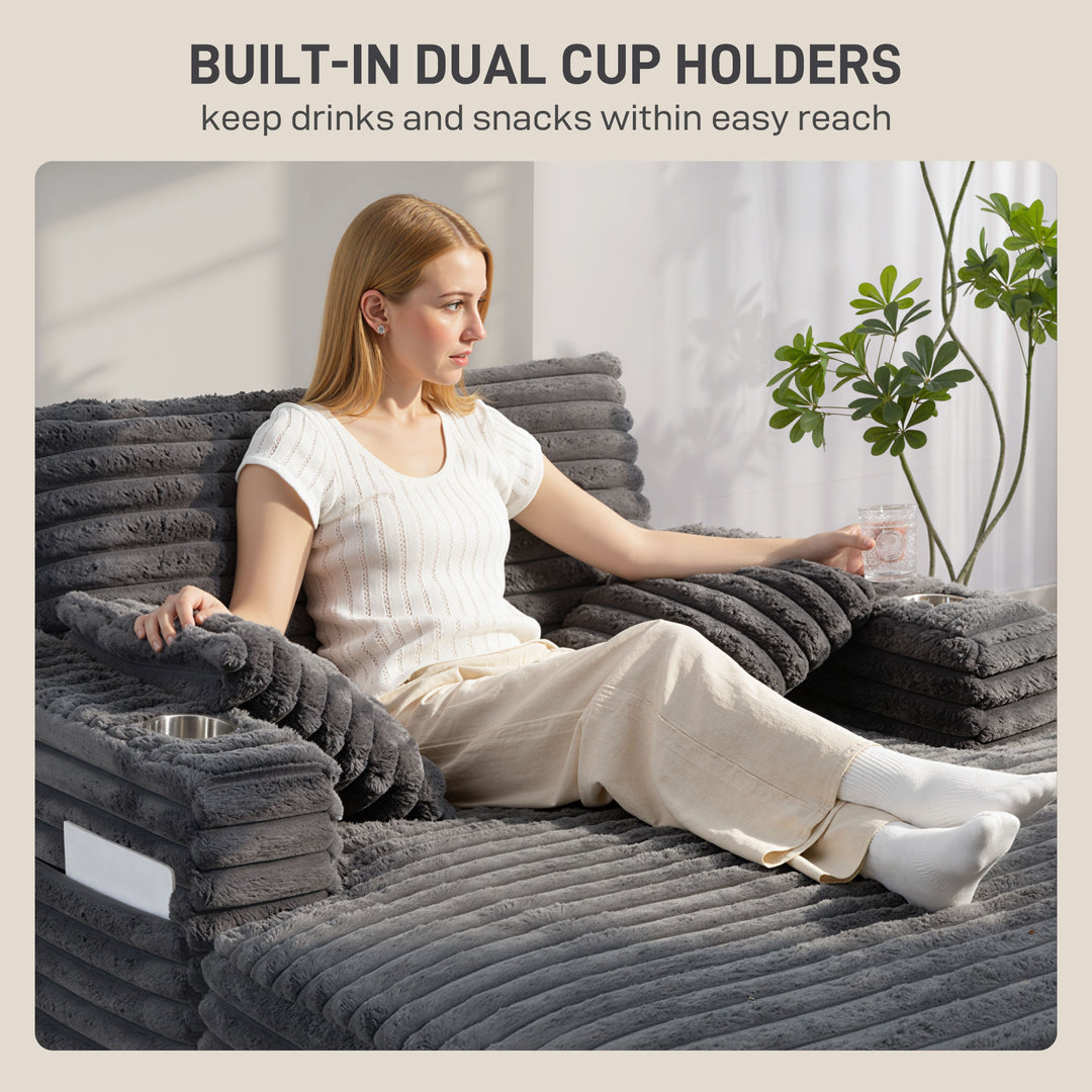 HOMCOM 60" Chaise Lounge Chair, Oversized Upholstered Sofa Bed with Cup Holders & Pillows, Sleeper Couch for Living Room, Grey