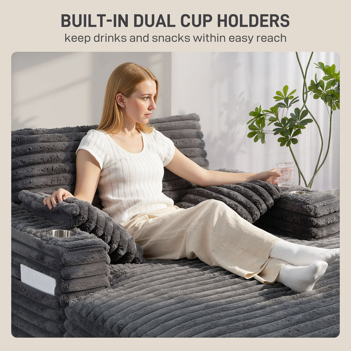 HOMCOM 60" Chaise Lounge Chair, Oversized Upholstered Sofa Bed with Cup Holders & Pillows, Sleeper Couch for Living Room, Grey