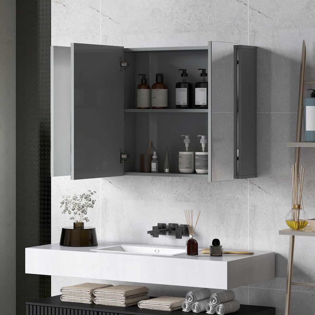 kleankin 28" x 24" Wall Mounted Mirror Cabinet, Bathroom Medicine Cabinet with Mirror, 3 Doors and Adjustable Shelves, White