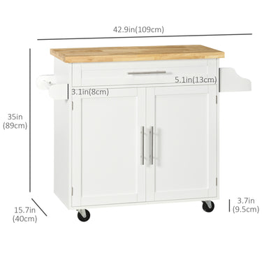 HOMCOM Kitchen Island with Storage, Rolling Cart Trolley with Rubberwood Top, Adjustable Shelf, Drawer, Spice Rack, White