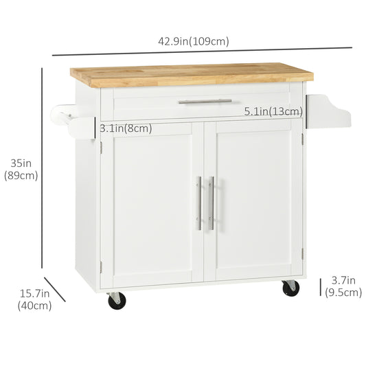 HOMCOM Kitchen Island with Storage, Rolling Cart Trolley with Rubberwood Top, Adjustable Shelf, Drawer, Spice Rack, White