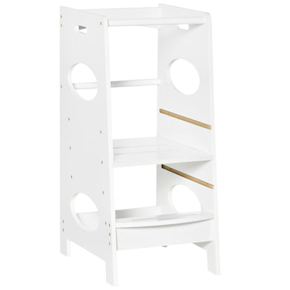 HOMCOM Toddler Tower Kitchen Helper with 3-Level Adjustable Height, Heavy-Duty Kids Step Stool with Safety Rail, White