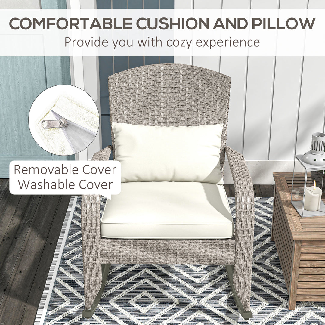 Outsunny Adirondack Chair, Outdoor Wicker Rocking Chair with High Back, Seat Cushion and Pillow for Porch, Balcony, Cream White