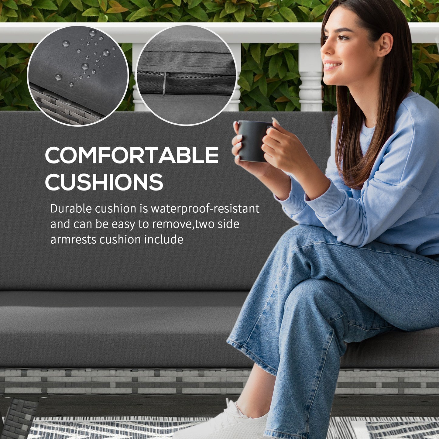 Outsunny Convertible Wicker Loveseat Grey Patio Chaise Lounge