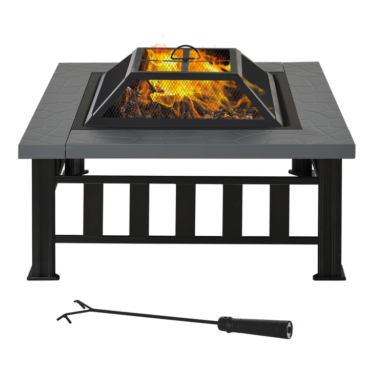 Outsunny 34" Outdoor Square Firepit Steel Stove Portable with Spark Screen Cover Log Grate Poker and Rain Cover for Outside Wood Burning and Camping Black