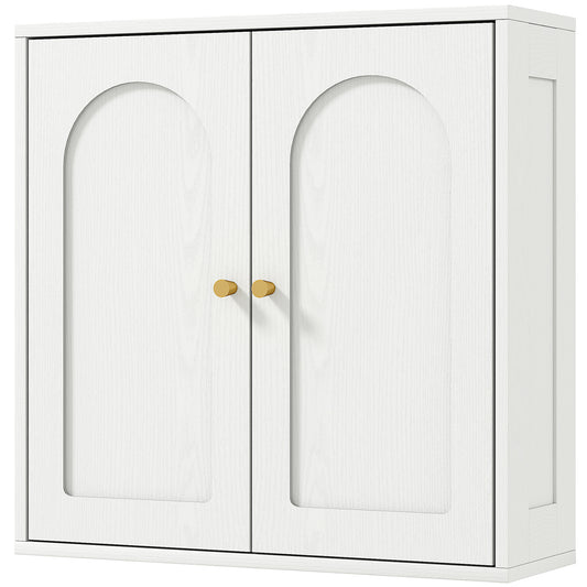 HOMCOM Medicine Cabinet, Modern Bathroom Wall Cabinet with 2 Arched Doors and Gold Handles, White Wood Grain