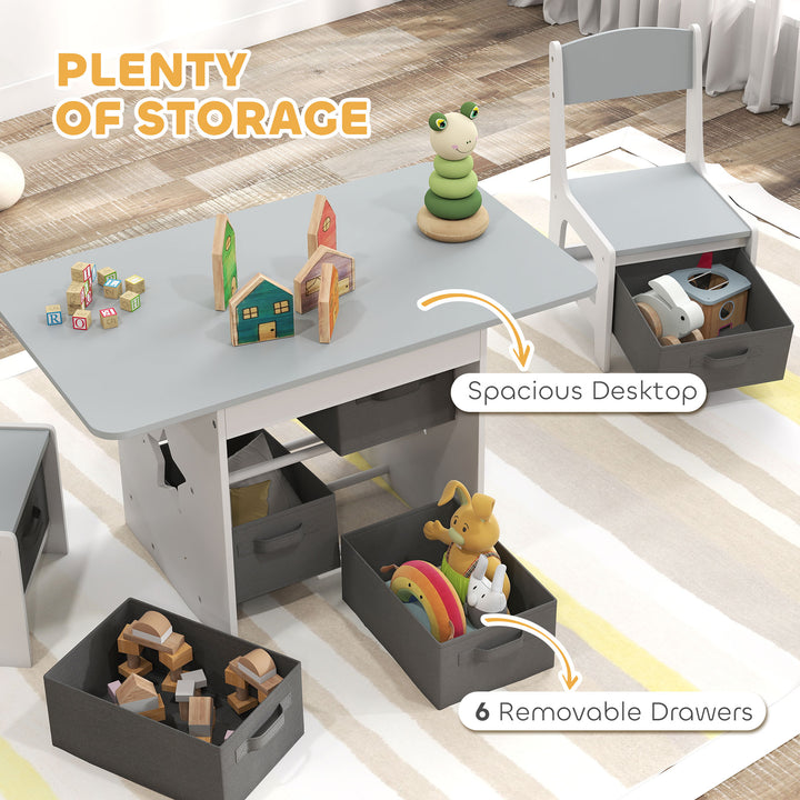 Qaba 3 Piece Kids Table and Chair Set with 6 Removable Drawers, for Classroom, Living Room, Bedroom, Nursery, Light Grey