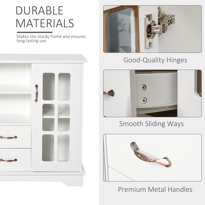 HOMCOM Modern Kitchen Sideboard with 2 Drawers, Coffee Bar Cabinet with Glass Doors Storage Cupboard and Open Shelf, White