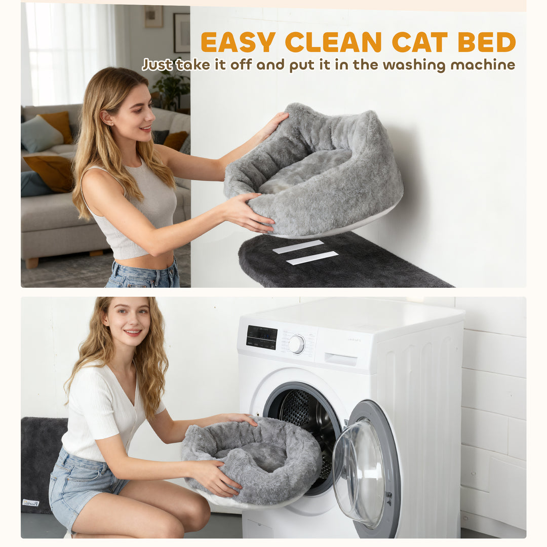 PawHut 4Pcs Cat Wall Shelves with Scratching Post & Pad, Condo, Hammock, Bed, Step, Hanging Pompoms, Perches