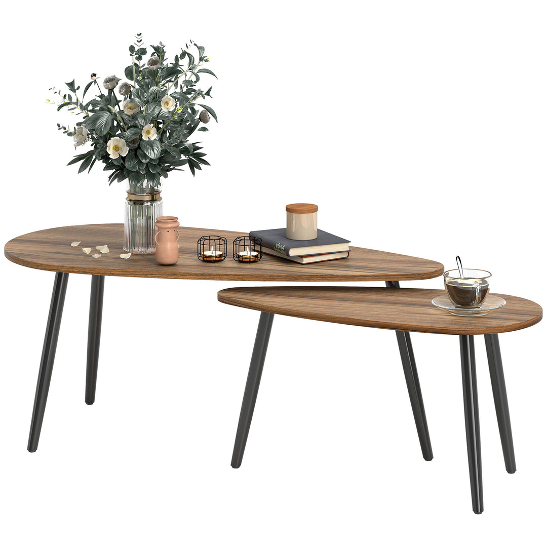 HOMCOM 2 Pieces Coffee Table Set for Living Room, Industrial Nest of Tables with Steel Legs, Brown