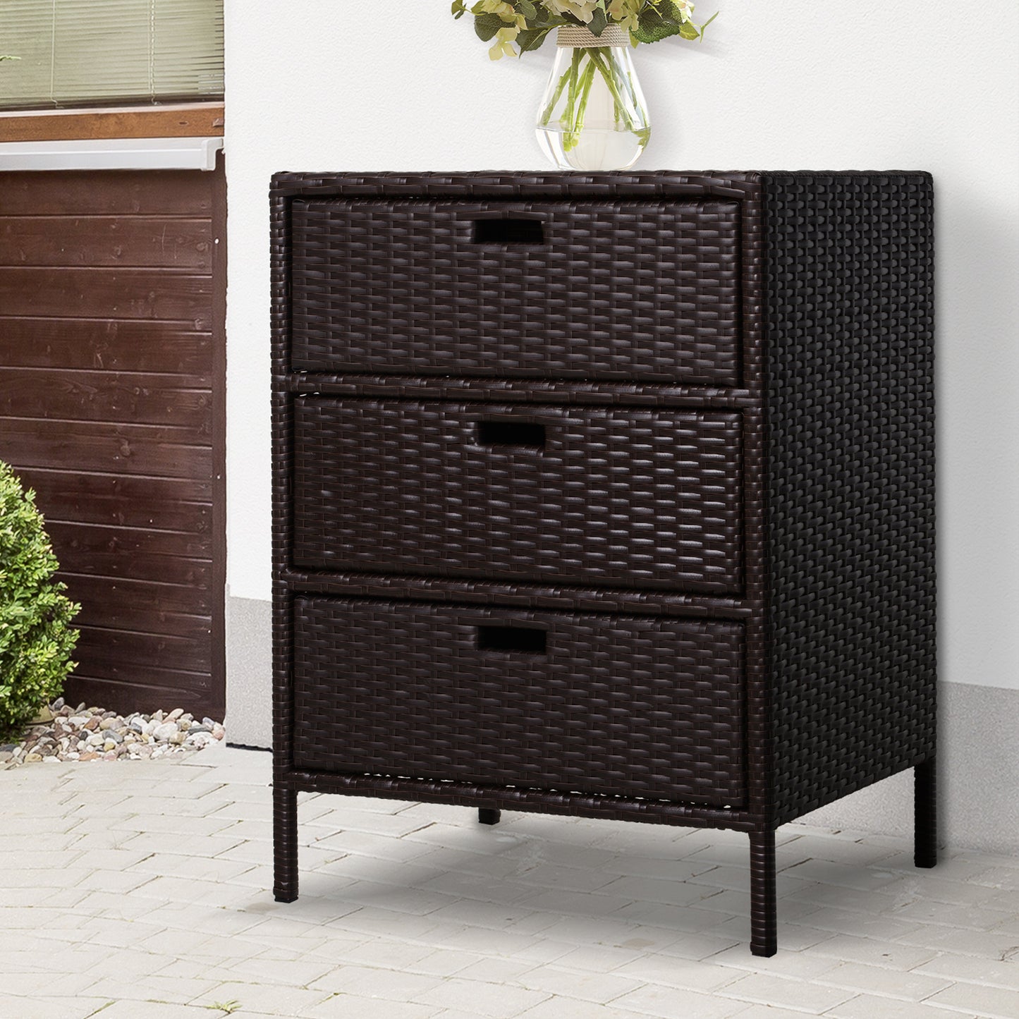 Outsunny 32" Poolside Rattan Wicker Patio Organizer Storage Cabinet Bathroom Storage w/ 3 Large Drawers Garden Outdoor