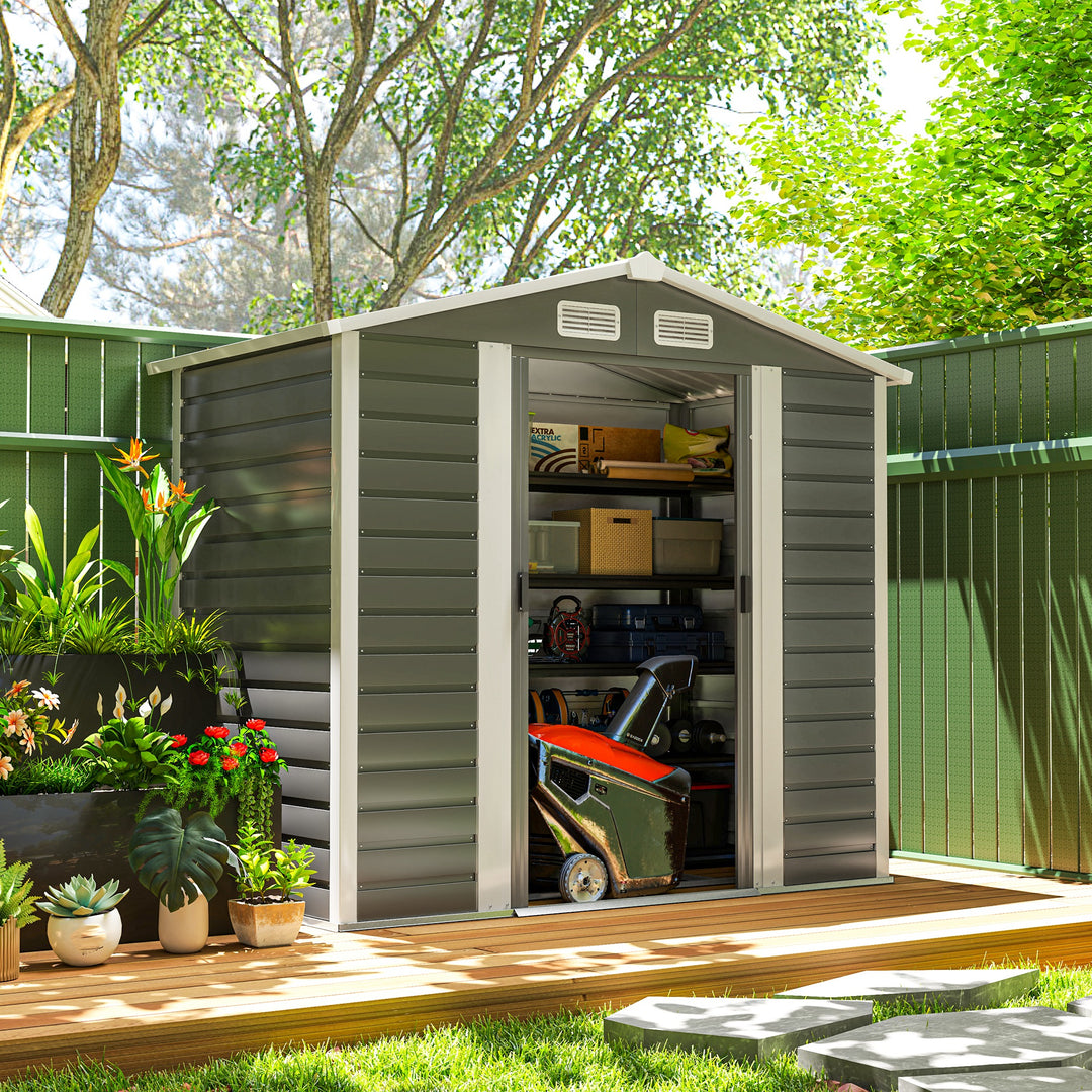 Outsunny 7' x 4' Outdoor Storage Shed, Metal Garden Shed with Lockable Doors and Gloves for Backyard, Garden, Patio, Dark Grey