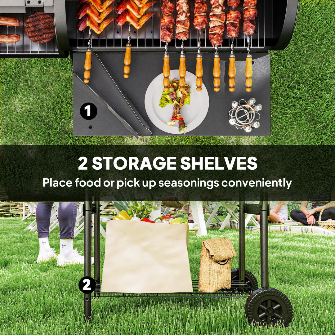 Outsunny Portable Outdoor Charcoal BBQ Grill with Offset Smoker, Barbecue Grill with Spacious Cooking Area, 2 Shelves, Thermometer, Wheels for Patio Backyard Party, Black
