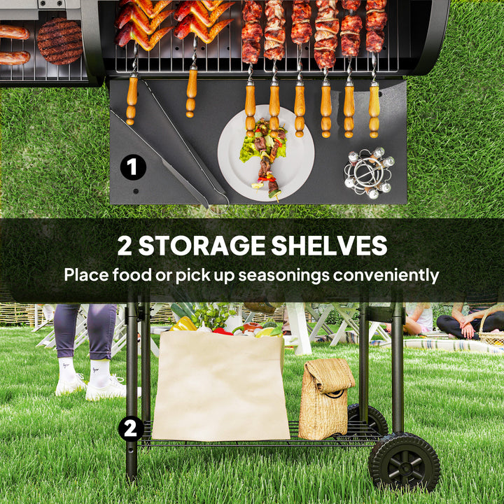 Outsunny Portable Outdoor Charcoal BBQ Grill with Offset Smoker, Barbecue Grill with Spacious Cooking Area, 2 Shelves, Thermometer, Wheels for Patio Backyard Party, Black
