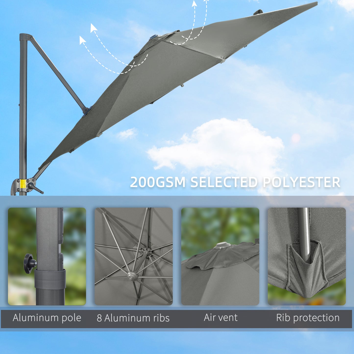 Outsunny 9.6' Cantilever Patio Umbrella Outdoor Hanging Offset Umbrella, Cross Base, 360Â° Rotation Aluminum Poles, Grey