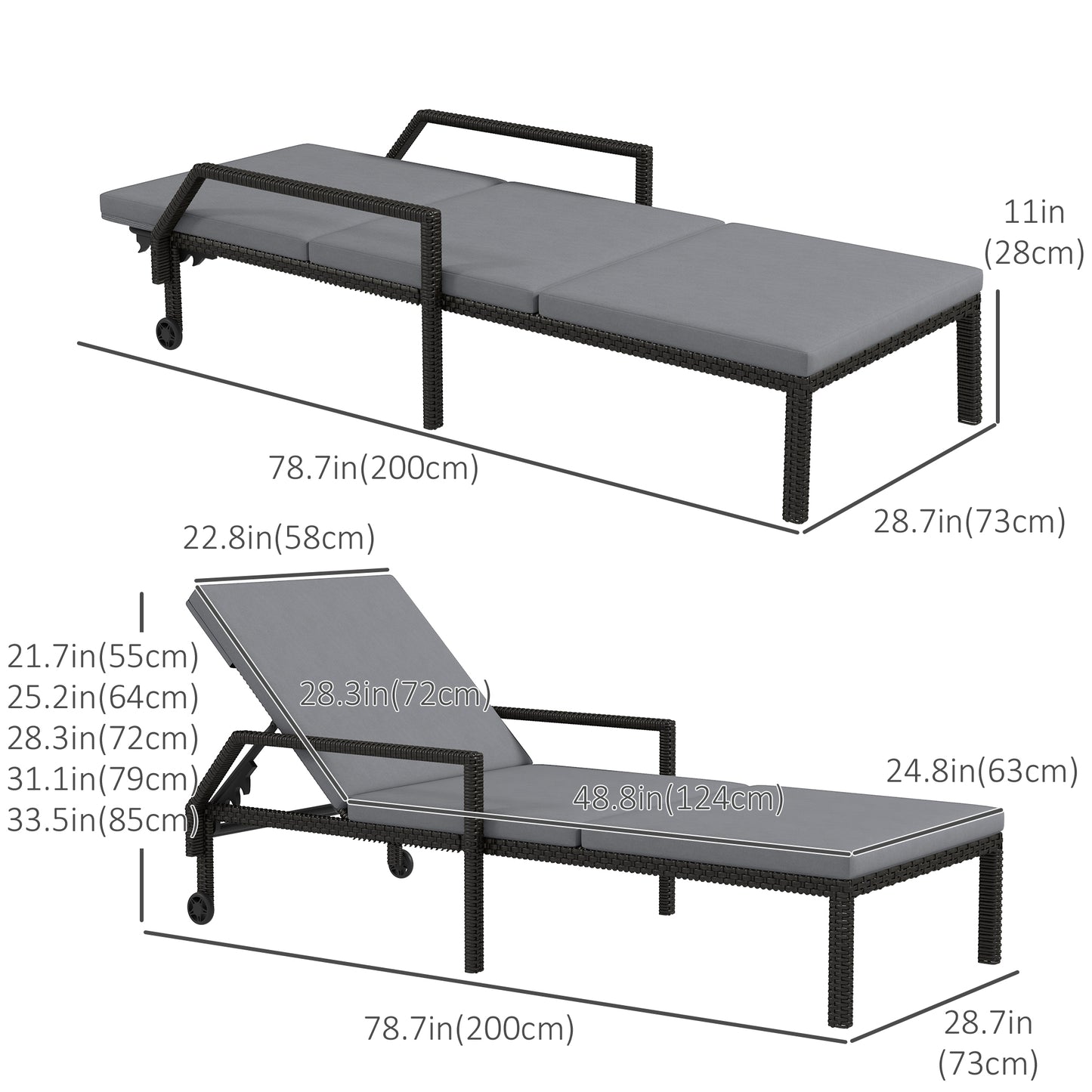 Outsunny Wicker Chaise Lounger with 5-Level Adjustable Backrest, Light Grey