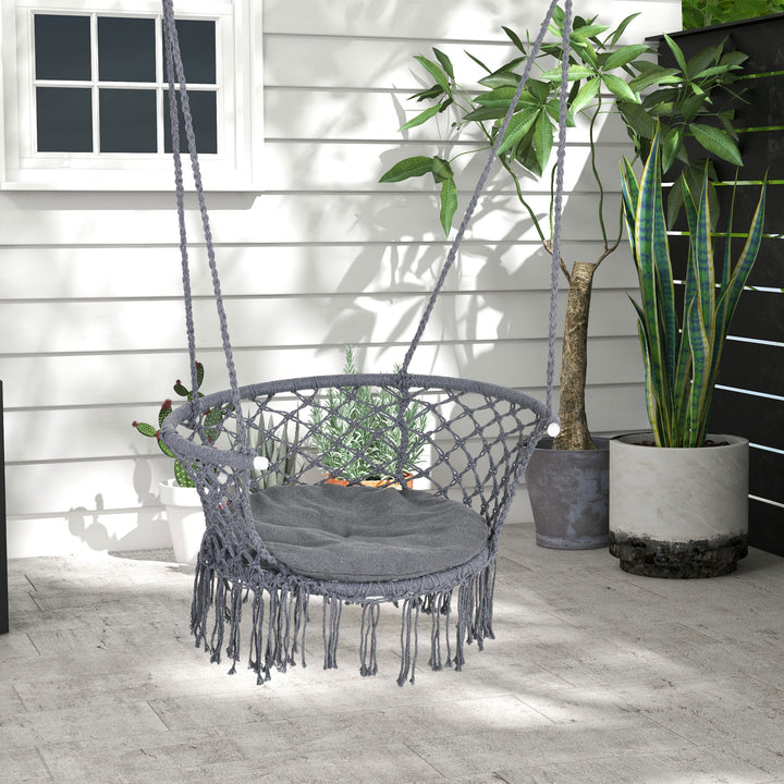 Outsunny Hanging Hammock Chair, Cotton Rope Porch Hammock Swing with Metal Frame and Cushion, Large Macrame Seat for Patio, Garden, Bedroom, Living Room,  Dark Grey