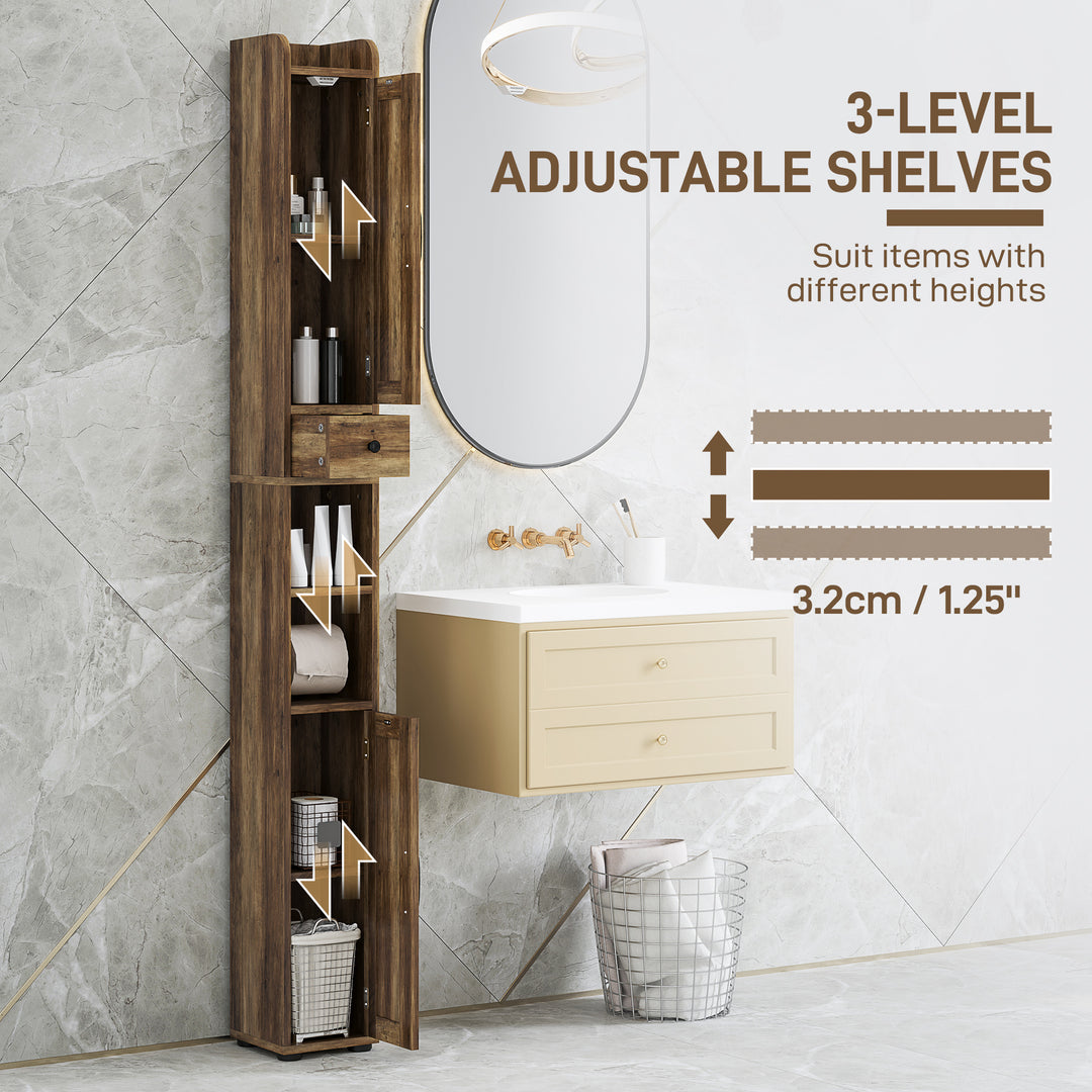 HOMCOM Narrow Bathroom Cabinet, Tall Bathroom Storage Cabinet with Barn Doors, Drawer and Adjustable Shelves, Brown Wood Grain