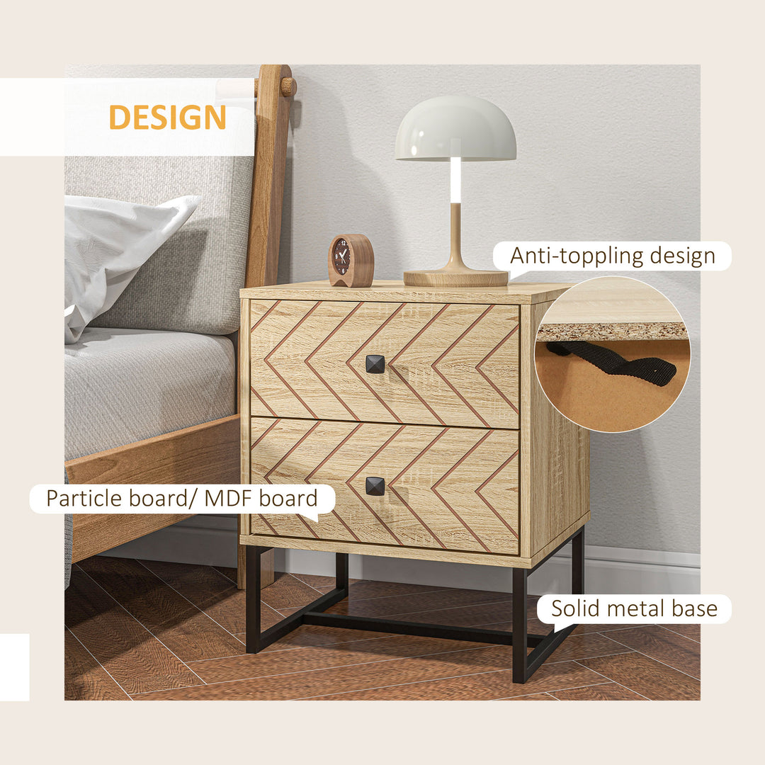 HOMCOM Modern Nightsta, Bedside Table with Drawers, Side End Table with Metal Legs for Bedroom, Zig Zag Design, Natural