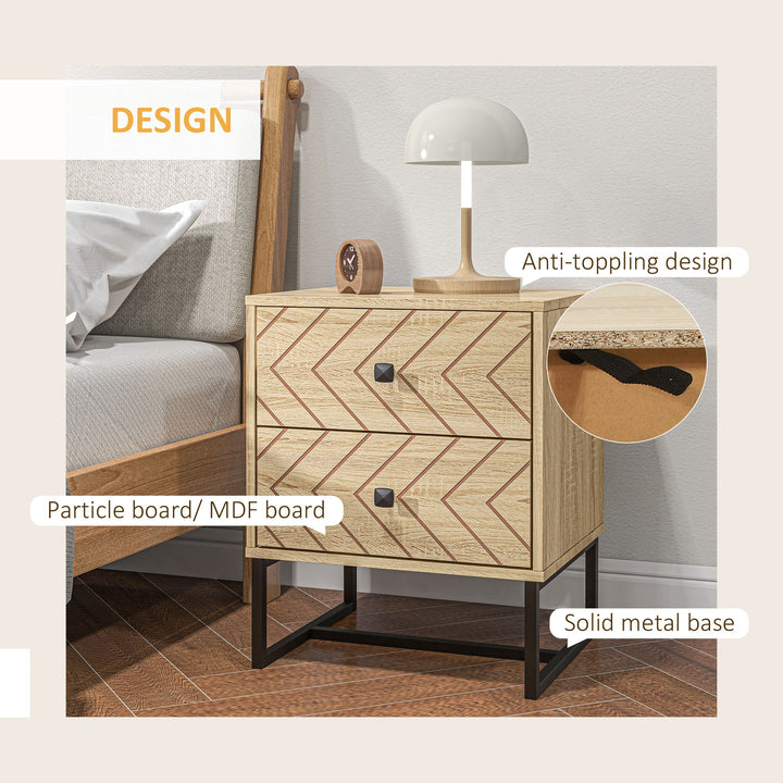 HOMCOM Modern Nightsta, Bedside Table with Drawers, Side End Table with Metal Legs for Bedroom, Zig Zag Design, Natural