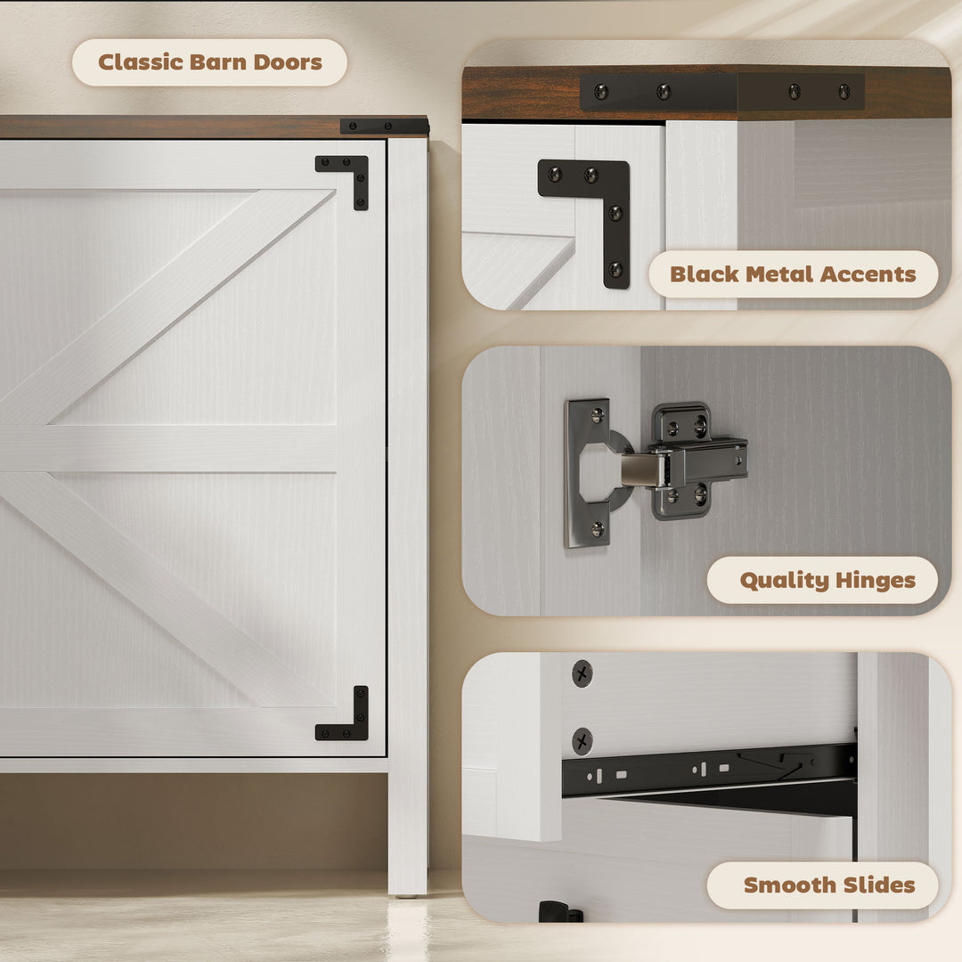 HOMCOM 59" Buffet Cabinet, Farmhouse Sideboard with Thick Top, 2 Barn Doors, 4 Drawers and 2 Adjustable Shelves, White