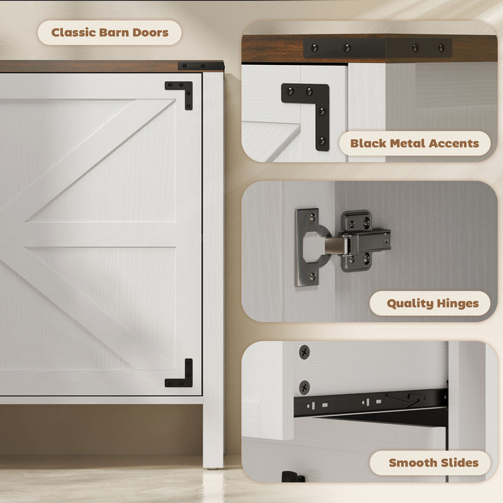 HOMCOM 59" Buffet Cabinet, Farmhouse Sideboard with Thick Top, 2 Barn Doors, 4 Drawers and 2 Adjustable Shelves, White