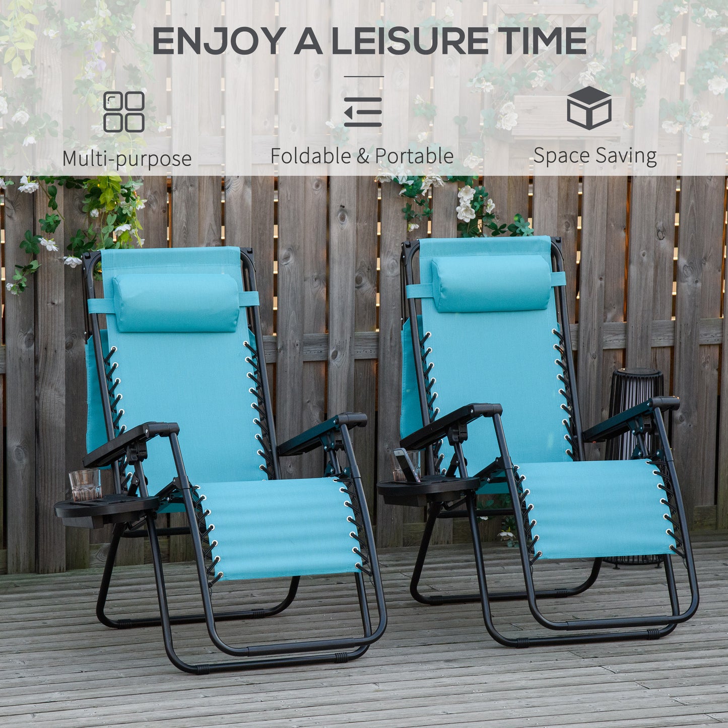 Outsunny 2 Piece Foldable Lounge Chair with Canopy Shade, Outdoor Zero Gravity Chair w/ Side Tray & Cup Holder, Reclining Lounger w/ Breathable Mesh Fabric Seat, Pillow, Sky Blue