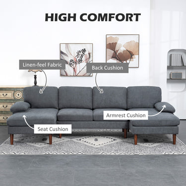 HOMCOM U Shape Couch with Double Chaise Lounge, Modern 4 Seater Sofa with Wooden Legs, Fabric Sofa for Living Room, Dark Grey