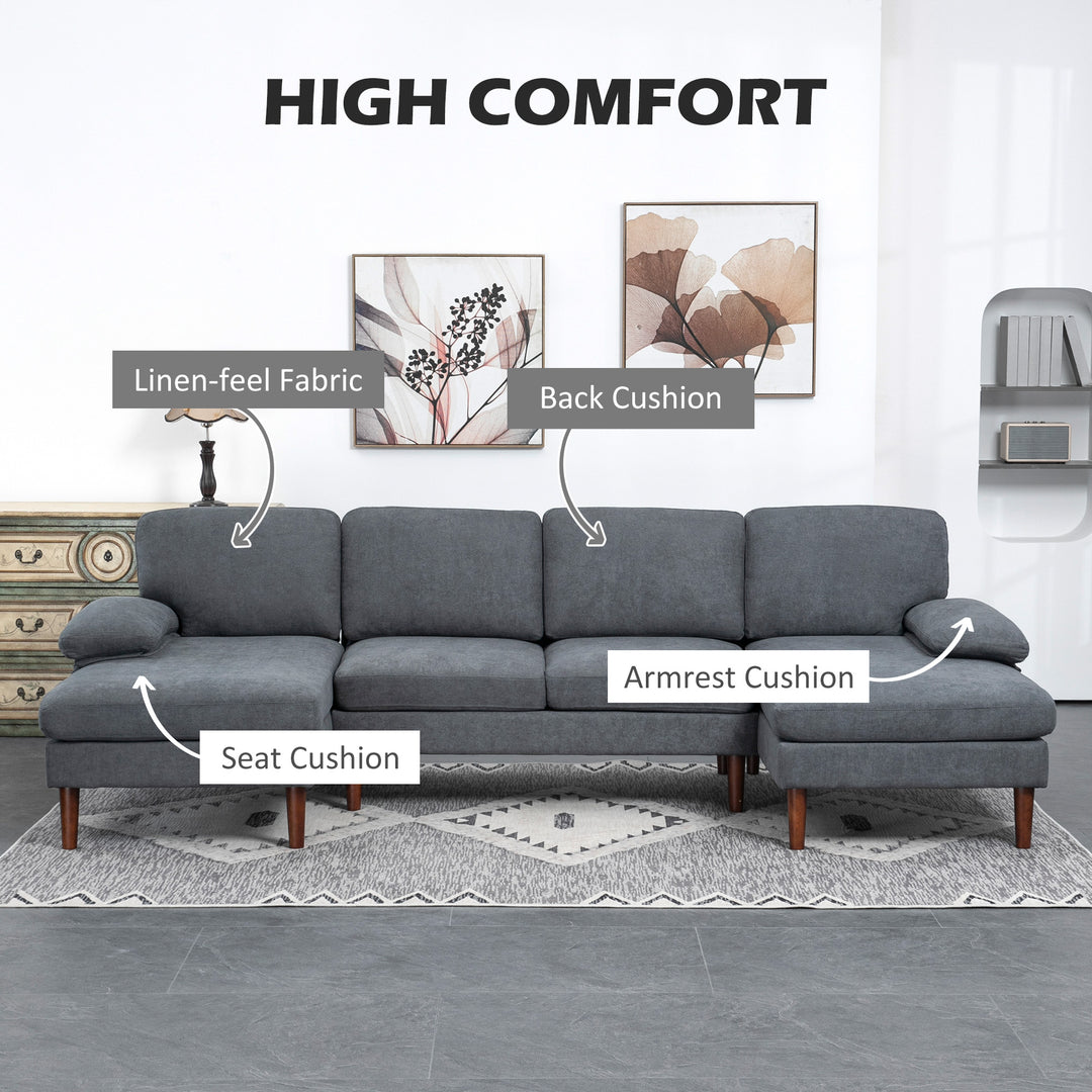 HOMCOM U Shape Couch with Double Chaise Lounge, Modern 4 Seater Sofa with Wooden Legs, Fabric Sofa for Living Room, Dark Grey