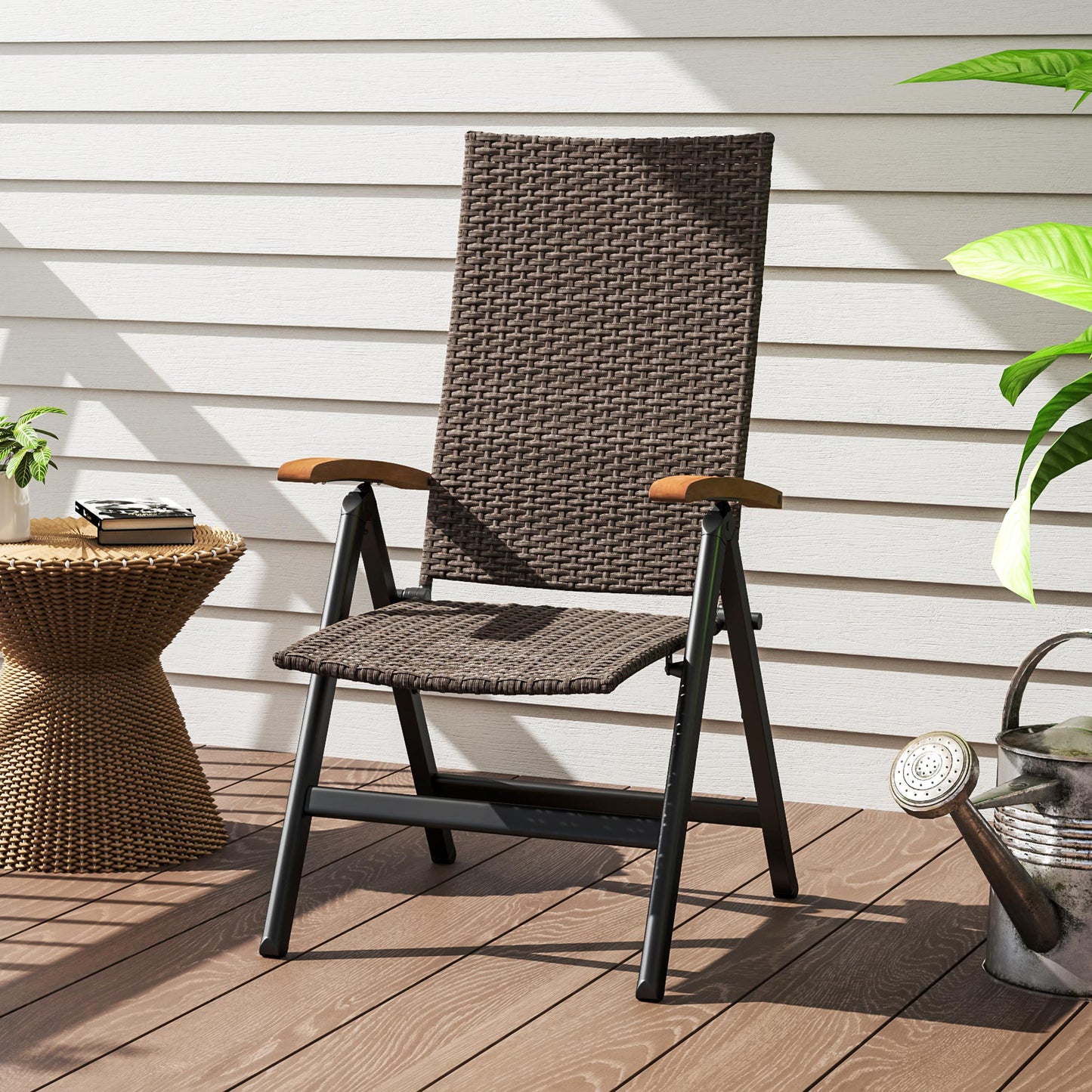 Outsunny Folding Wicker Patio Dining Chair with 5-level Reclining Back, Wooden Armrests for Outdoor, Garden, Backyard, Brown