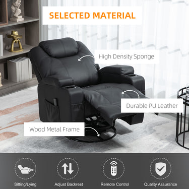 HOMCOM Massage Recliner Chair, Swivel Nursery Rocker Chair, Manual Reclining Sofa with 8 Vibration Points, PU Leather, Cup Holders, Side Pockets, for Living Room, Black