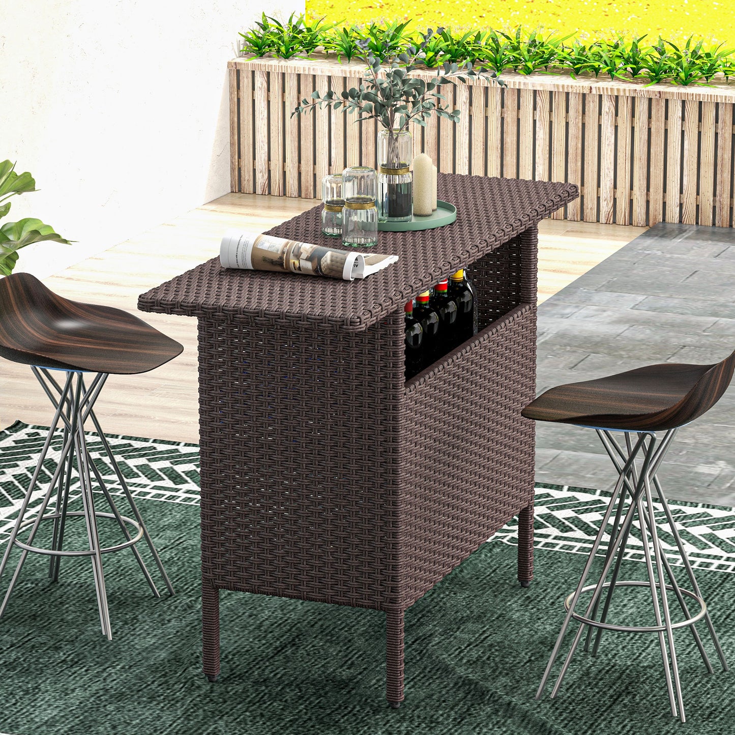Outsunny Bar Height Outdoor Rattan Table, Patio Wicker Bar Table with 2 Storage Shelves, 55.1" x 18.5" x 37", Brown