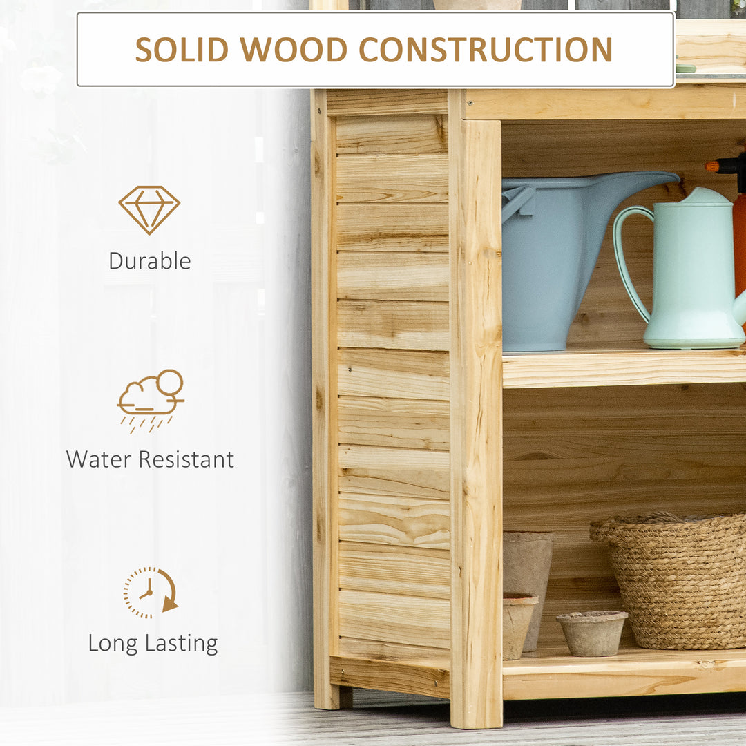 Outsunny Potting Bench Table, Wooden Garden Workstation Bench with Galvanized Metal Tabletop, Storage Shelves and Hooks for Patios, Courtyards, Balcony