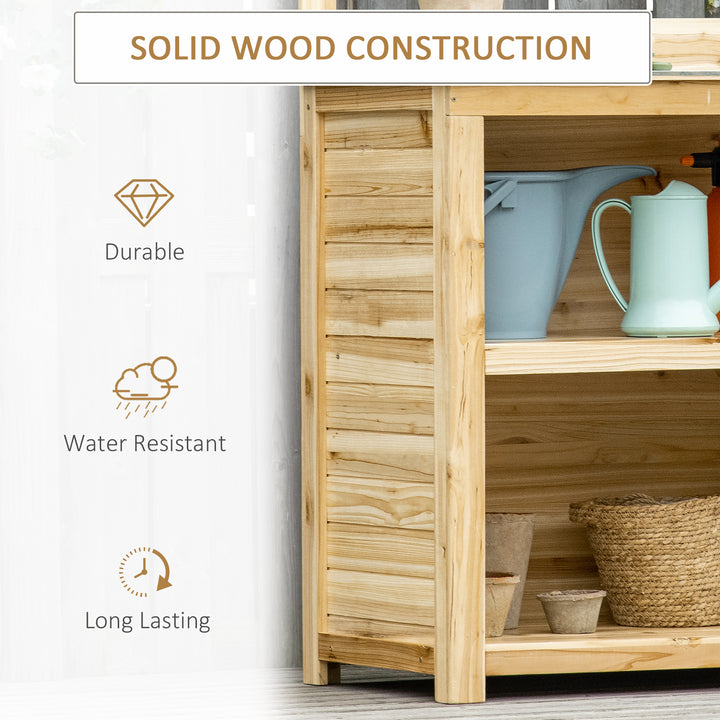 Outsunny Potting Bench Table, Wooden Garden Workstation Bench with Galvanized Metal Tabletop, Storage Shelves and Hooks for Patios, Courtyards, Balcony