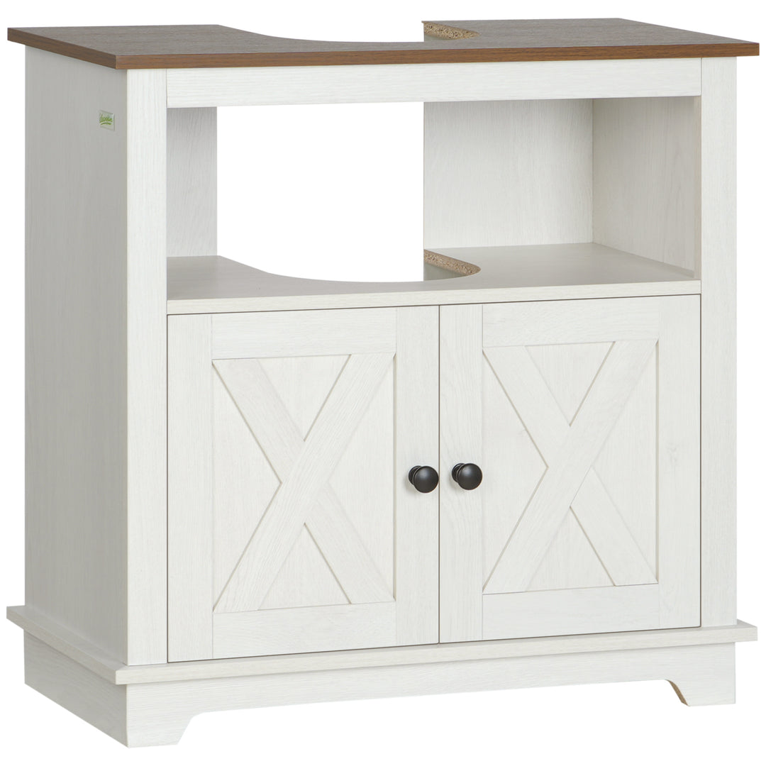 kleankin Farmhouse Bathroom Sink Cabinet, Pedestal Sink Storage Cabinet with Double Doors and Shelves, White
