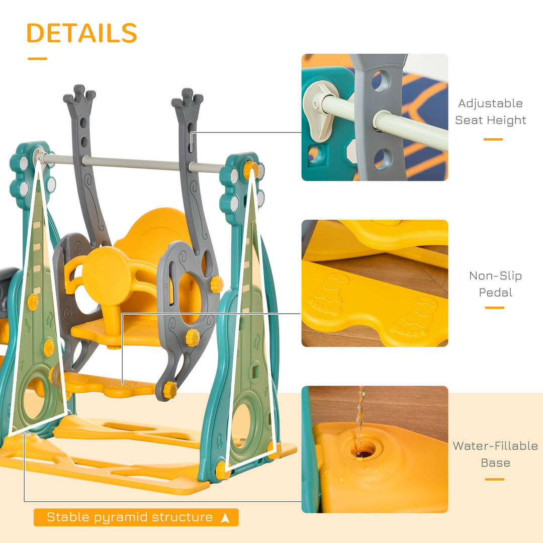 Qaba 4-in-1 Kids Slide and Swing Set with Basketball Hoop and Adjustable Seat Height, Toddler Play Climber Slide Playset for Indoor and Outdoor Playground Activity Center