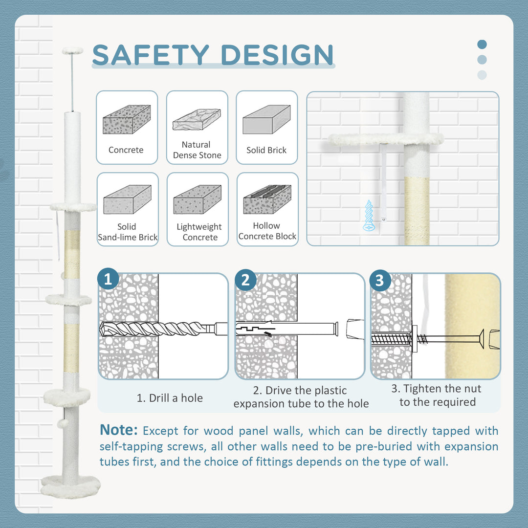 PawHut 88.5"-100.5" Floor to Ceiling Cat Tree, Cat Tower with Scratching Posts, Cloud Shaped Platforms, Dangling Balls, White