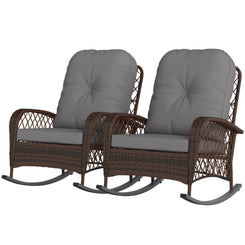 Outsunny Outdoor Wicker Rattan Rocking Chair Set of 2, Patio Rocker with Thick Cushions for Garden Backyard Porch, Grey