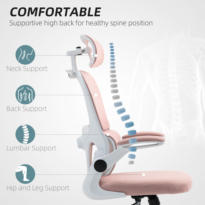 HOMCOM Mesh Office Chair, Ergonomic Desk Chair with Flip-up Armrest, Rotatable Headrest, Adjustable Lumbar Support, Black
