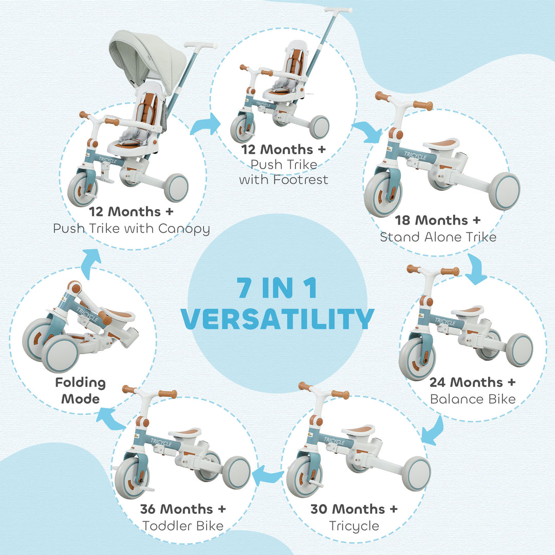 Qaba 7 in 1 Toddler Tricycle with Safety Harness, Adjustable & Removable Parent Handle, Canopy, Storage Bag, Brake, Pink