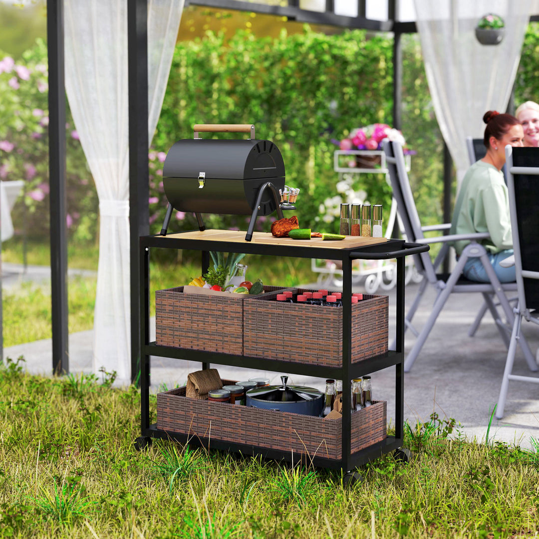 Outsunny Outdoor Bar Cart with Side Handle, 3-Tier Rolling Cart on Wheels with Removable Rattan Basket, Mixed-Brown