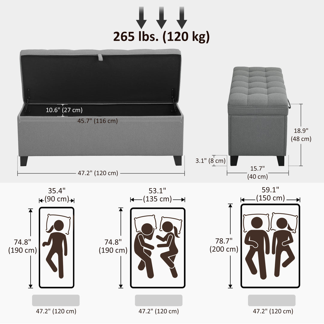 HOMCOM Storage Ottoman Bench, Foot Rest with Safety Hinges, 47 Inches Linen Storage Chest for Living Room, Dark Grey