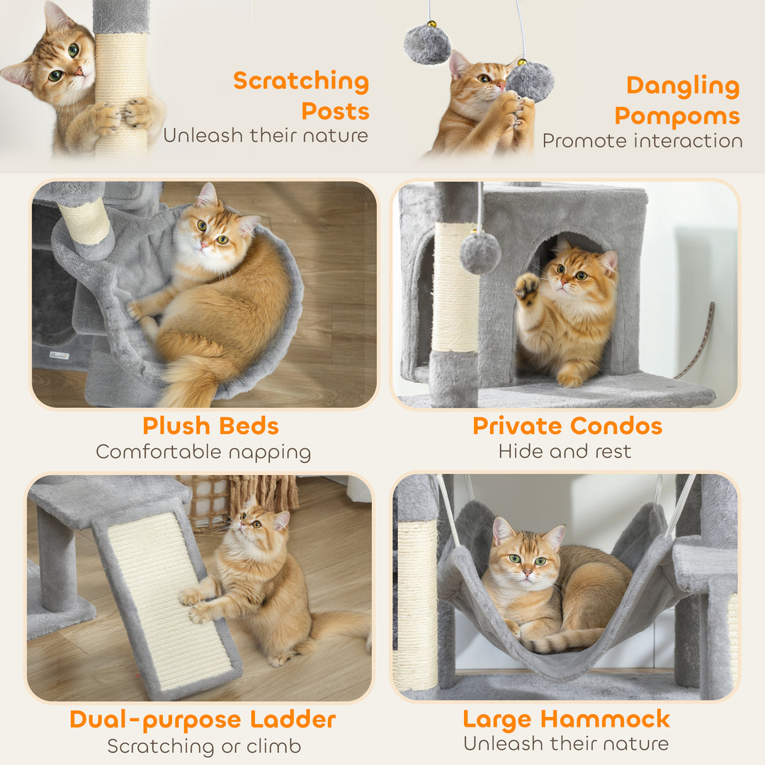 PawHut 76" Large Cat Tree for Indoor Cats with 8 Scratching Posts, 3 Plush Beds, 2 Hammocks, 2 Large Condos, Ramp, Dark Grey