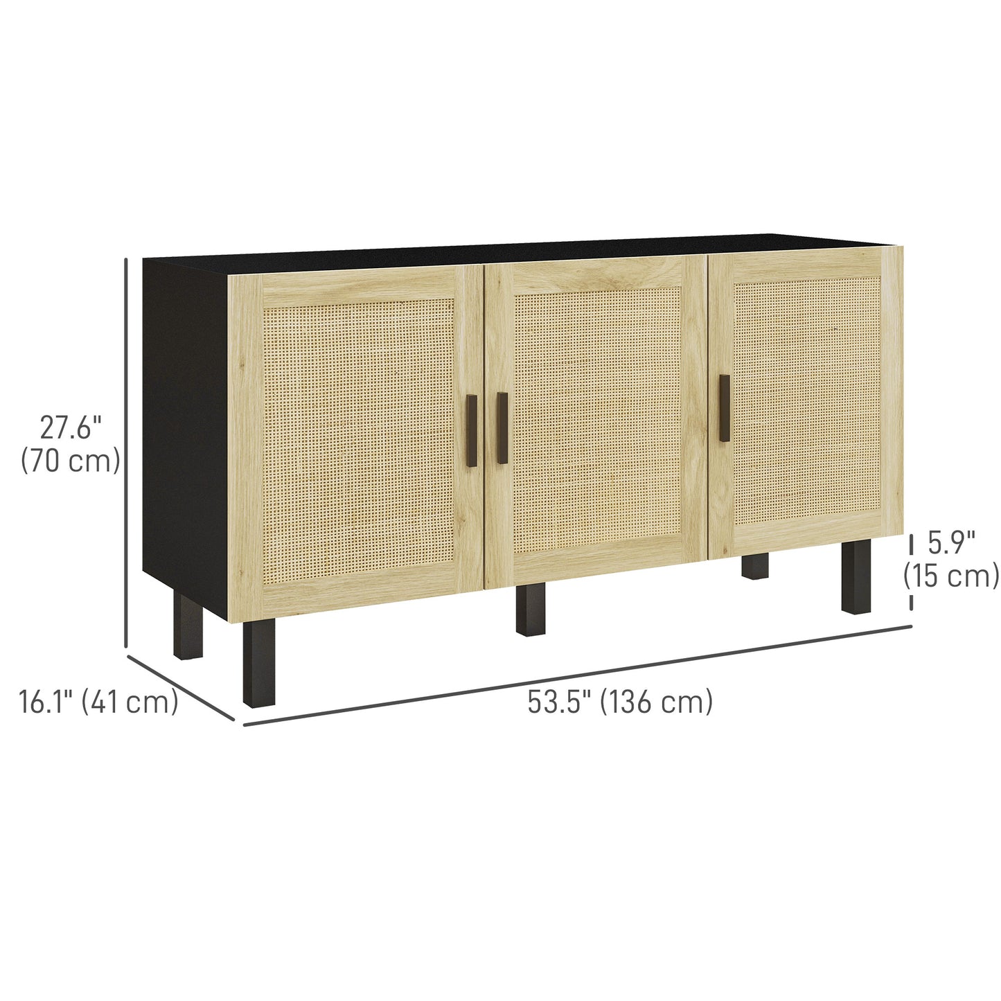 HOMCOM Boho Sideboard Buffet Cabinet with 3 Rattan Doors, Kitchen Cabinet with Adjustable Shelves, Black and Natural