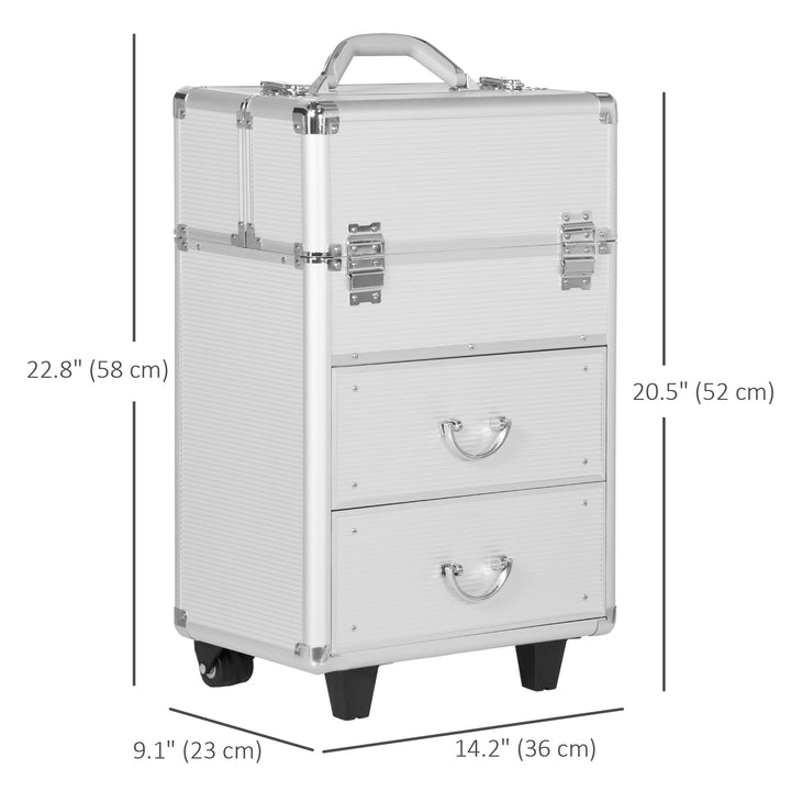 HOMCOM Rolling Makeup Case, Large Storage Cosmetic Trolley, Lockable Traveling Cart Trunk with Folding Trays, Swivel Wheels