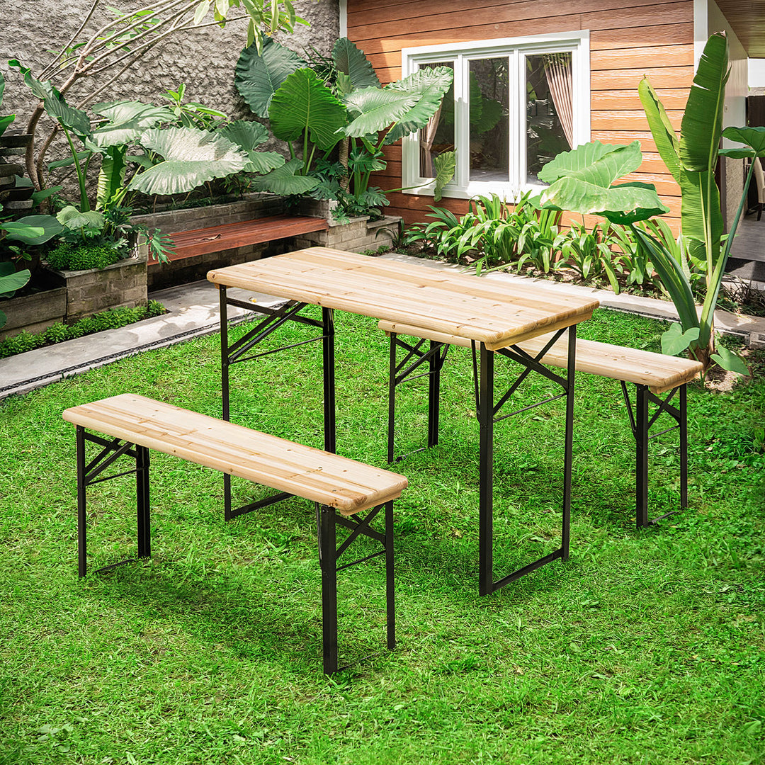 Outsunny 3 Pieces Folding Picnic Table Set, Portable Folding Picnic Table and Benches with Steel Frame for Garden, Park, Natural Wood